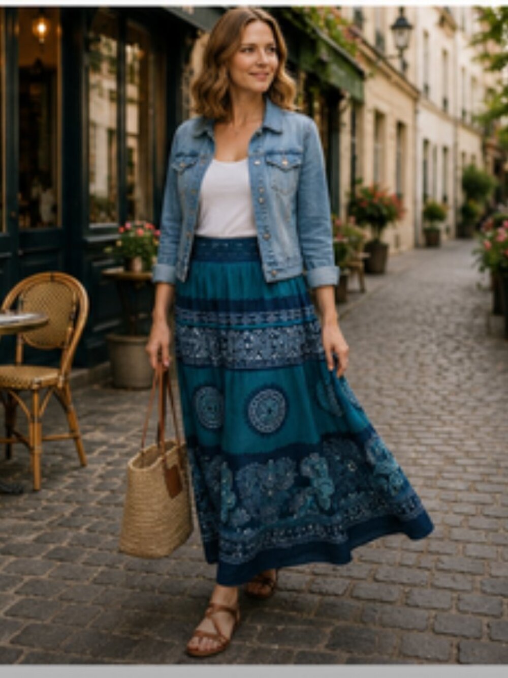 BCX Teal Cotton Boho Midi Skirt — Embroidered Waistband, Size 9